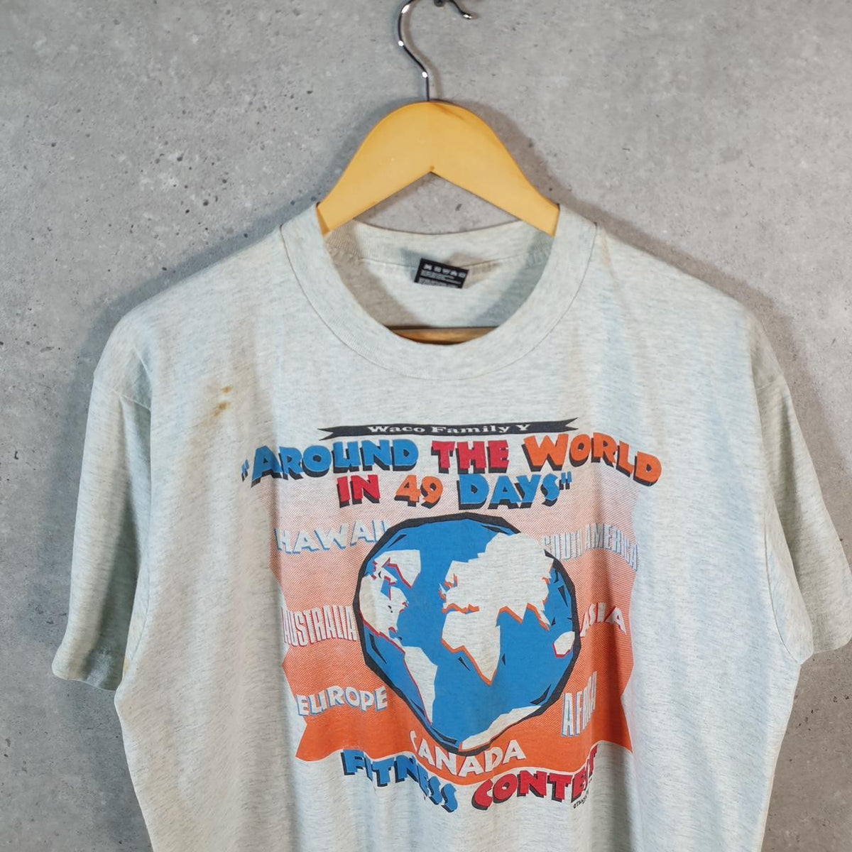 Vintage Fruit of the Loom Around world 49 Days USA 90s Single Stitch T Shirt Men’s Large Grey C8790