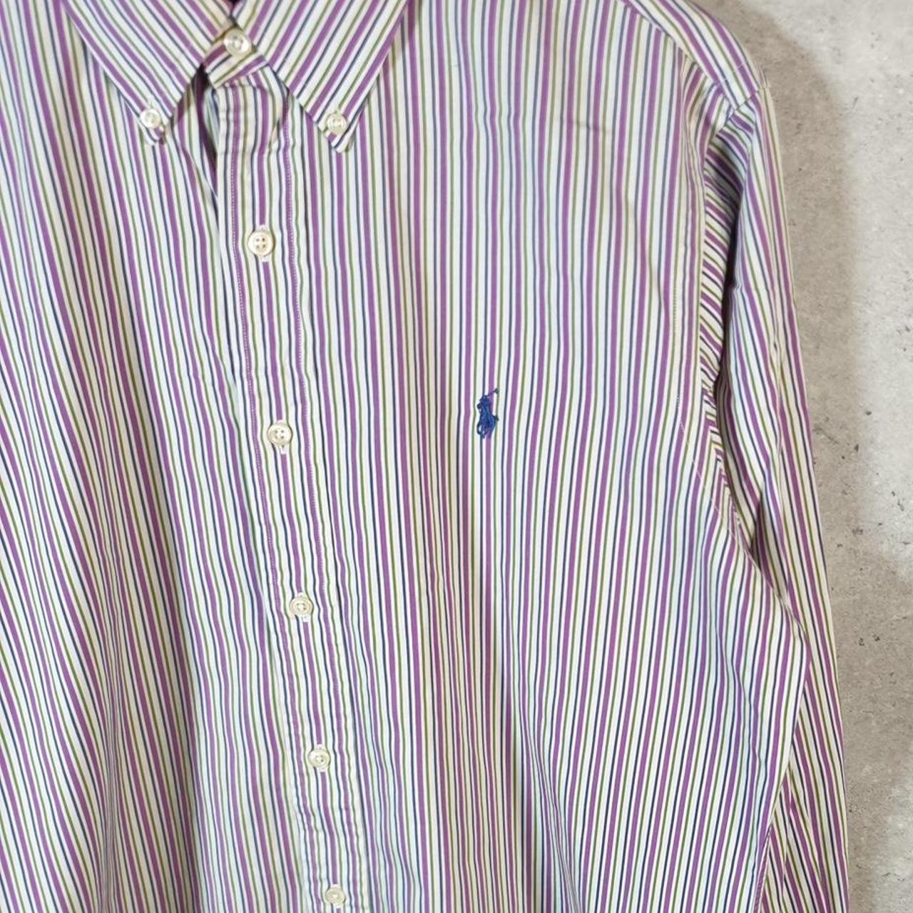 Vintage Ralph Lauren Button Down Shirt Men’s Large Purple Striped Custom Fit Cotton Pony