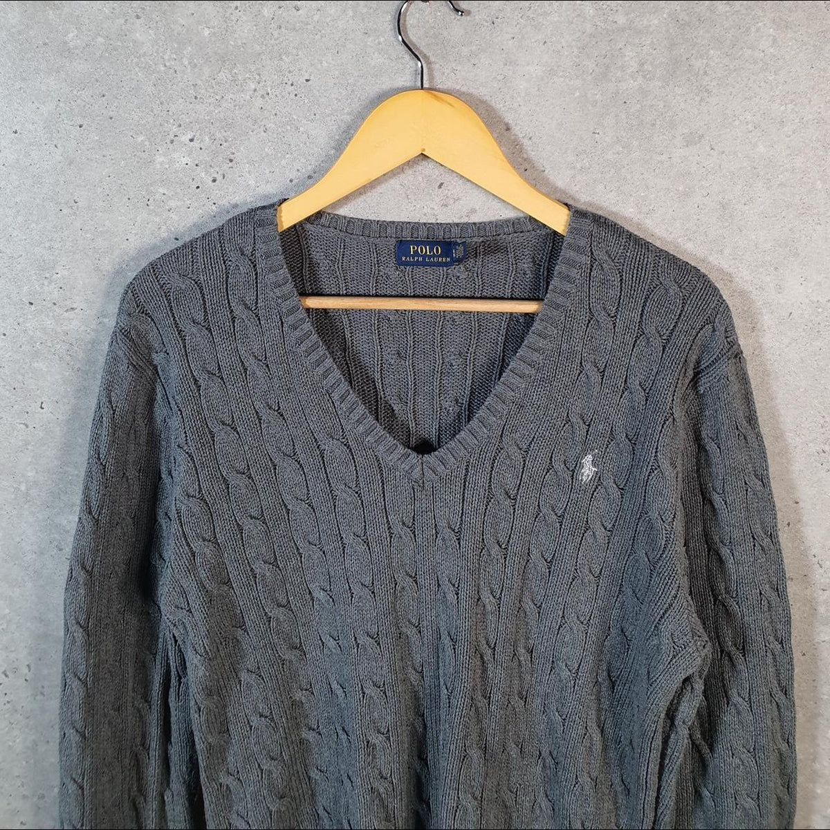 Vintage Ralph Lauren Polo Cable Knit Heavyweight Sweatshirt Womens XL Grey Pony C8864
