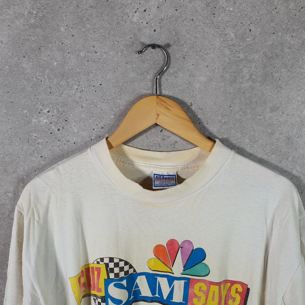Vintage AllSport USA Sam Says 90s Single Stitch T Shirt Men’s XL White Big Fish Vintage