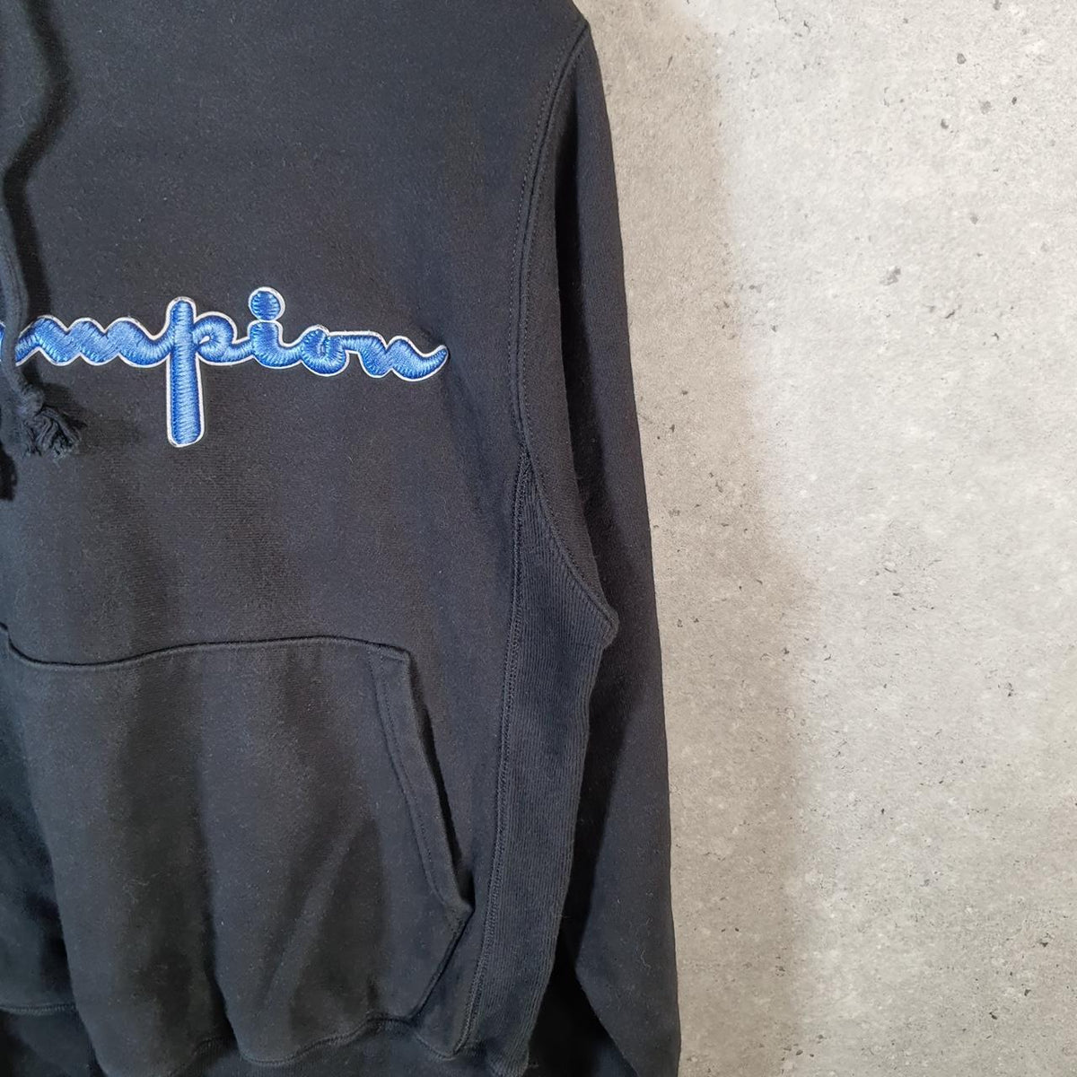 Vintage Champion Reverse Weave Spellout Hoodie Men’s Small Black Pullover Embroidered