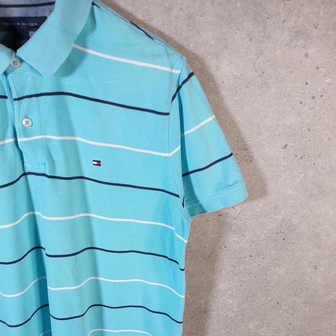 Vintage Tommy Hilfiger Polo Shirt Men’s Medium Blue Striped Custom Fit Embroidered Logo