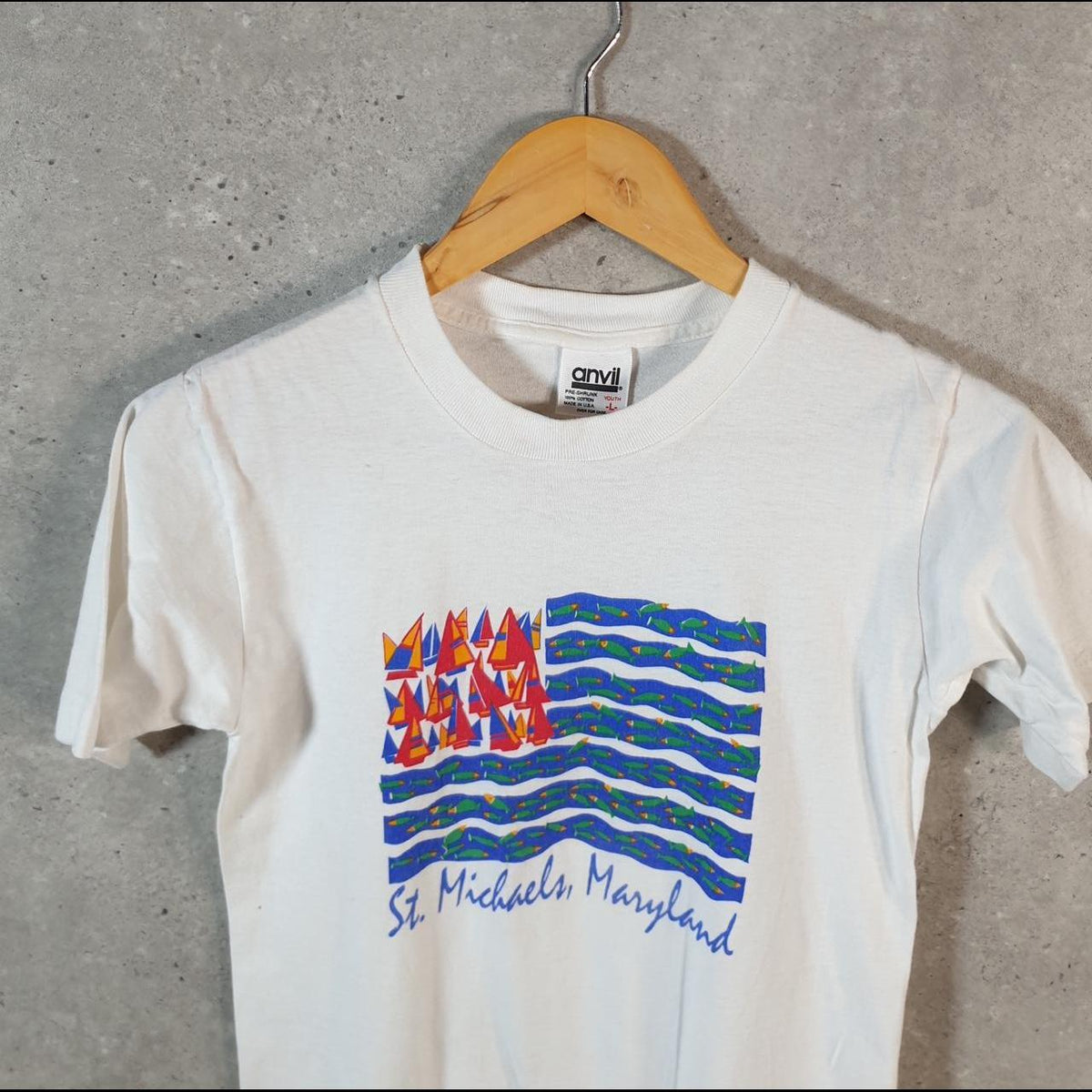 Vintage Anvil St Michael’s Maryland USA 90s USA Single Stitch T Shirt Youth Large White C8052