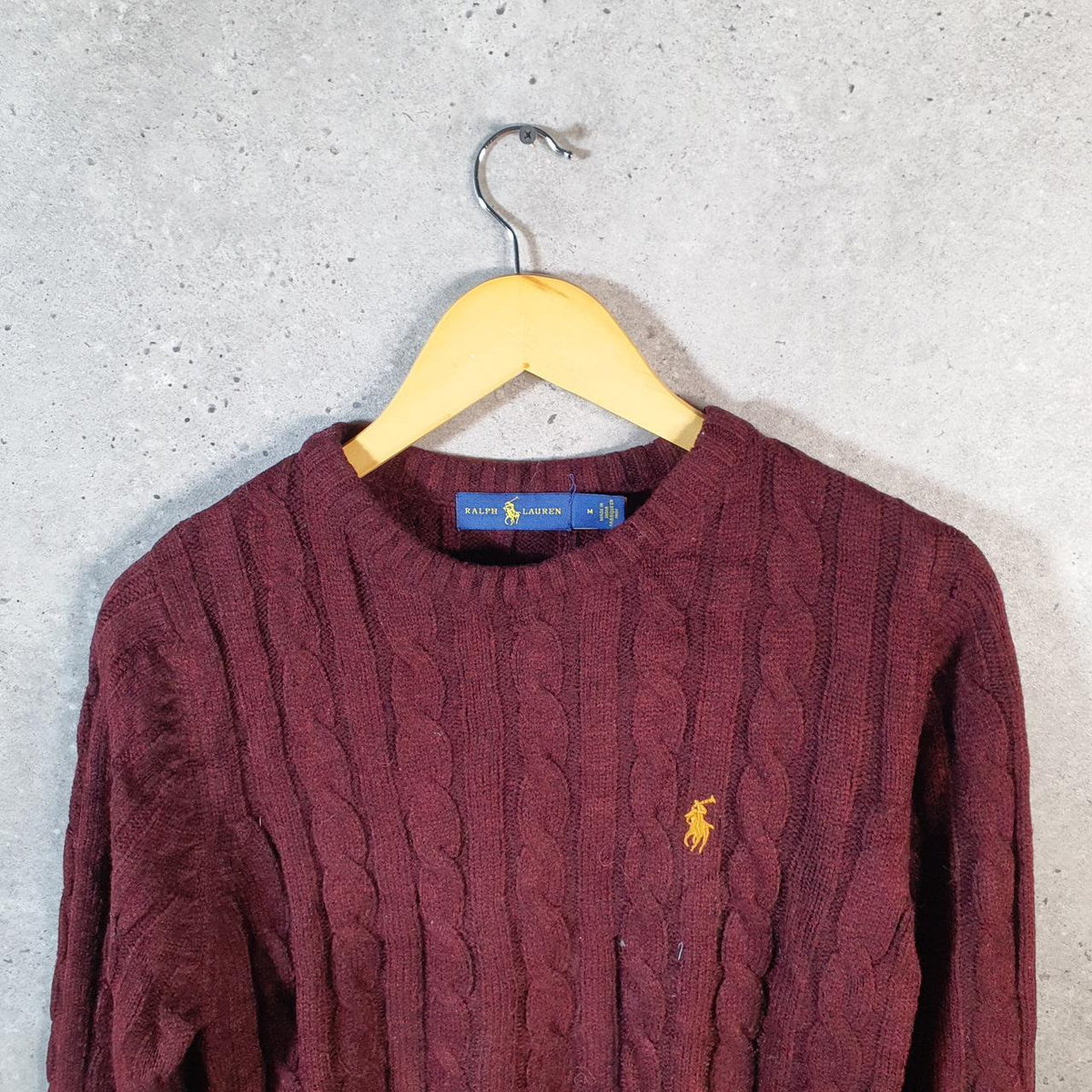 Vintage Ralph Lauren Polo Cable Knit Heavyweight Sweatshirt Womens Medium Burgundy Red Pony C8846