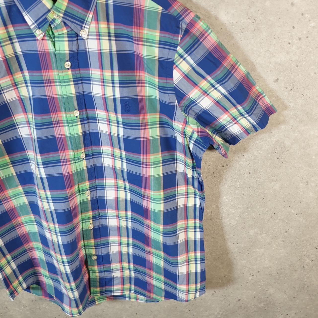 Vintage Ralph Lauren Button Down Shirt Men’s Medium Blue Checkered Short Sleeve Cotton Pony
