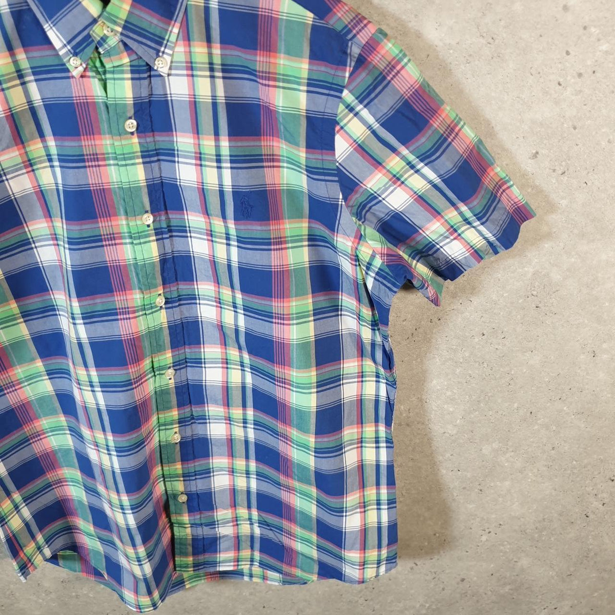 Vintage Ralph Lauren Button Down Shirt Men’s Medium Blue Checkered Short Sleeve Cotton Pony