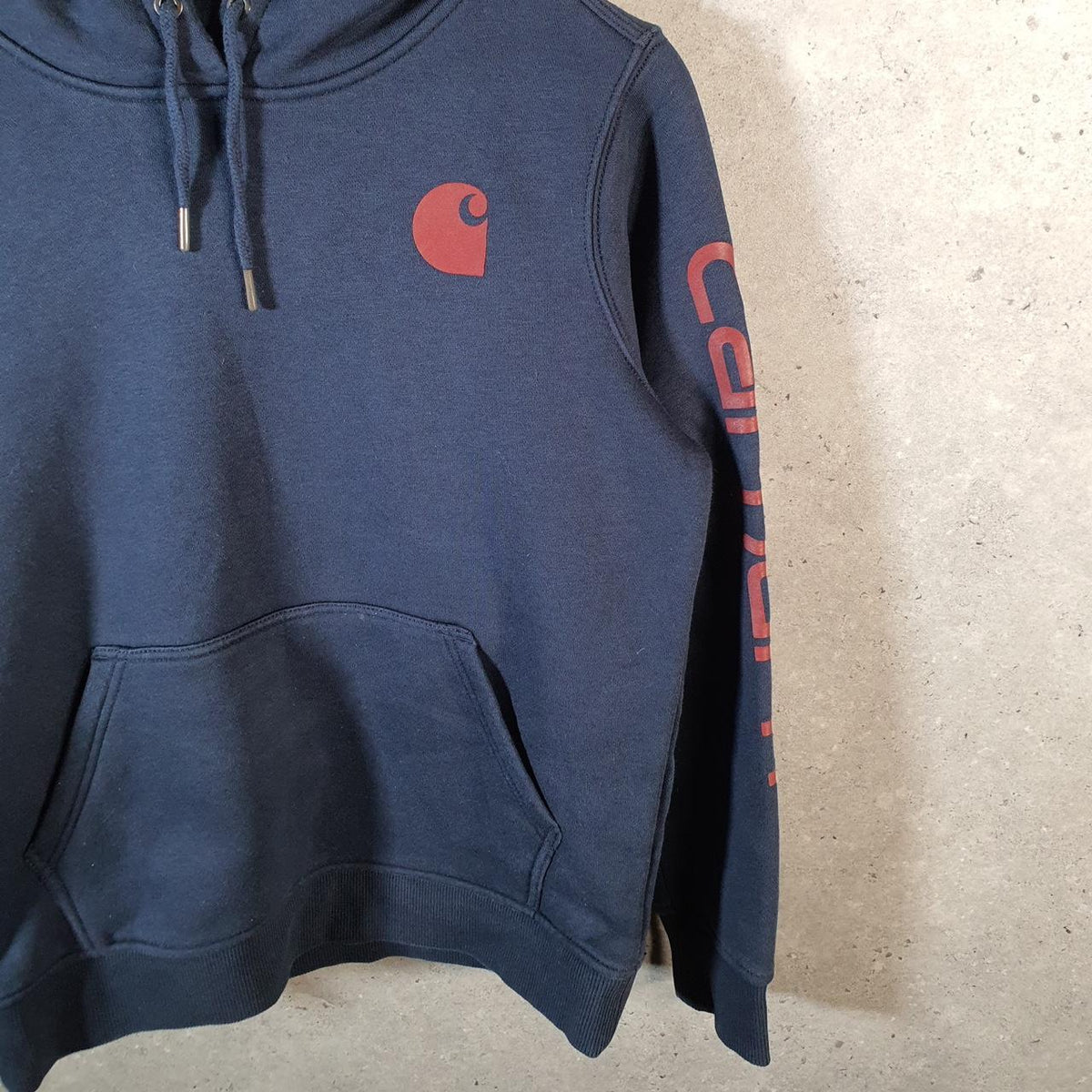 Vintage Carhartt Hoodie Womens Small Navy Blue Pullover Blank Sweatshirt USA Relaxed Fit