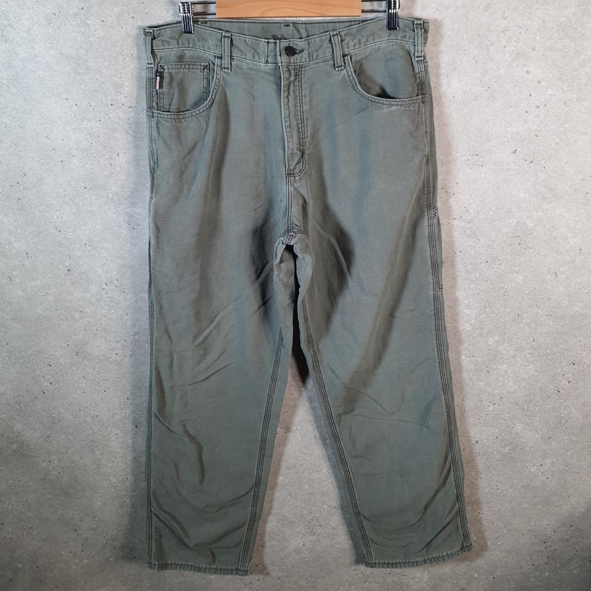 Vintage Carhartt Carpenter FR Trousers Mens W36 L32 Khaki Green Relaxed Fit Workwear USA