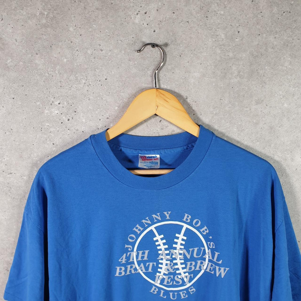 Vintage Hanes Heavyweight 50/50 Brats & Brew 1993 USA Single Stitch T Shirt Men’s XL Blue Big Fish Vintage