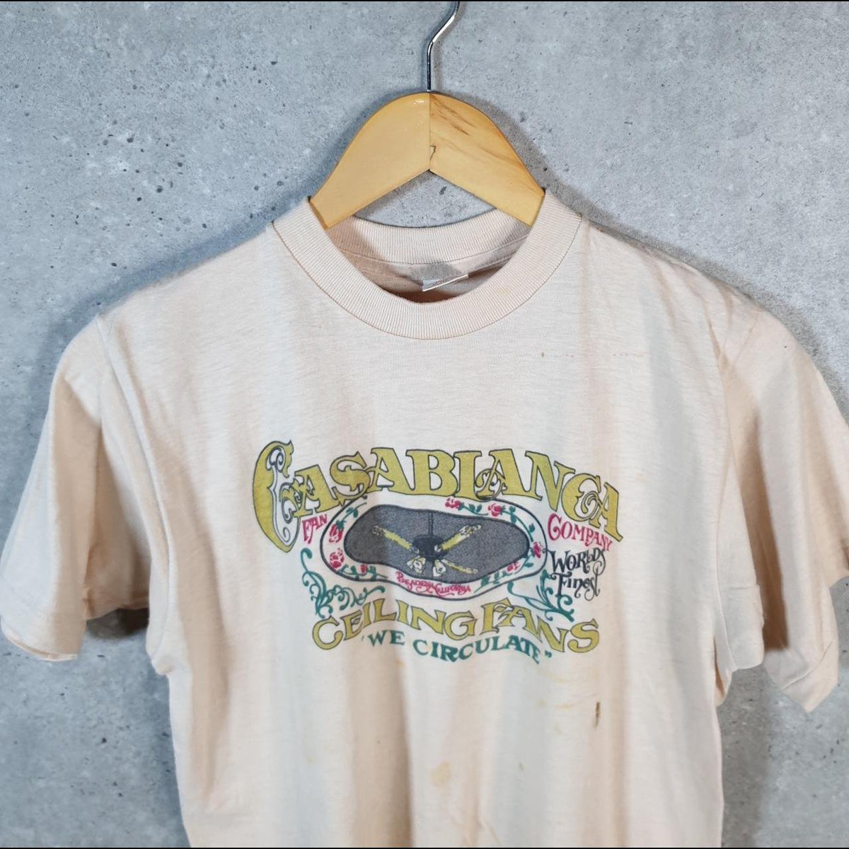 Vintage Collegiate Pacific Casablanca Ceiling Fans 90s Single Stitch T Shirt Men’s Medium Beige