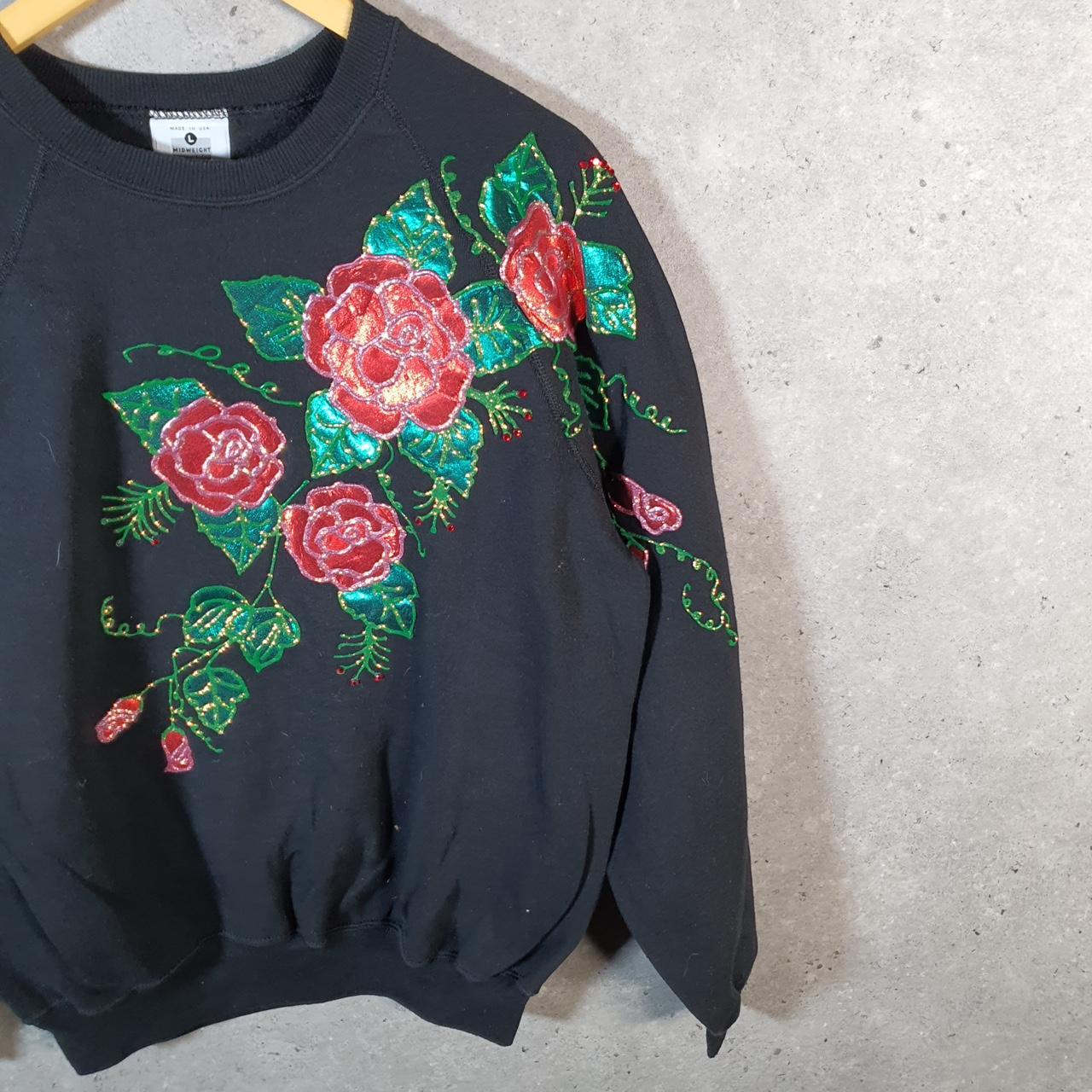 Vintage Lee Midweight Sweatshirt Men’s Large Black USA Flowers Embroidered