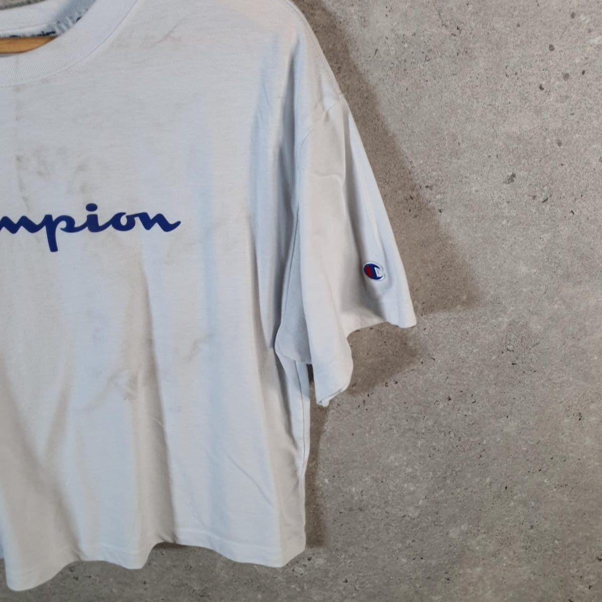 Vintage Champion Spellout Logo Cropped T Shirt Womens Medium White Athletic