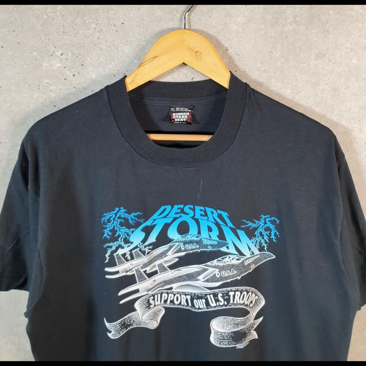 Vintage Screen Stars Desert Storm US Troops 90s USA Single Stitch T Shirt Men’s XL Black C8065