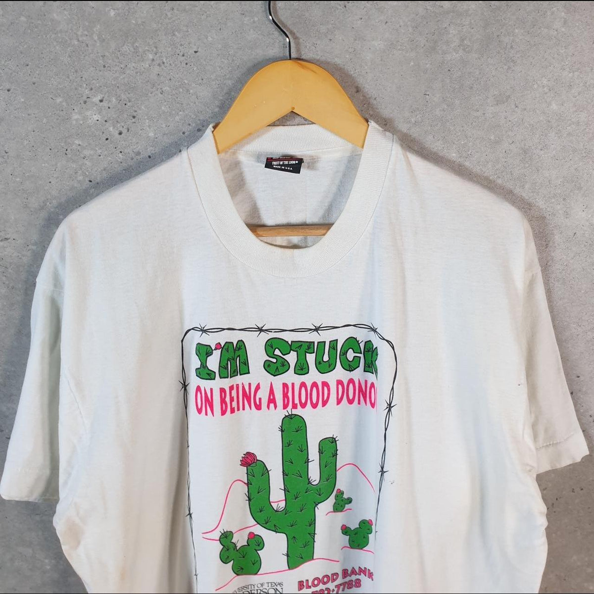 Vintage Fruit of the Loom Blood Donor Texas Cancer 1990 Single Stitch T Shirt Men’s XL White C8823