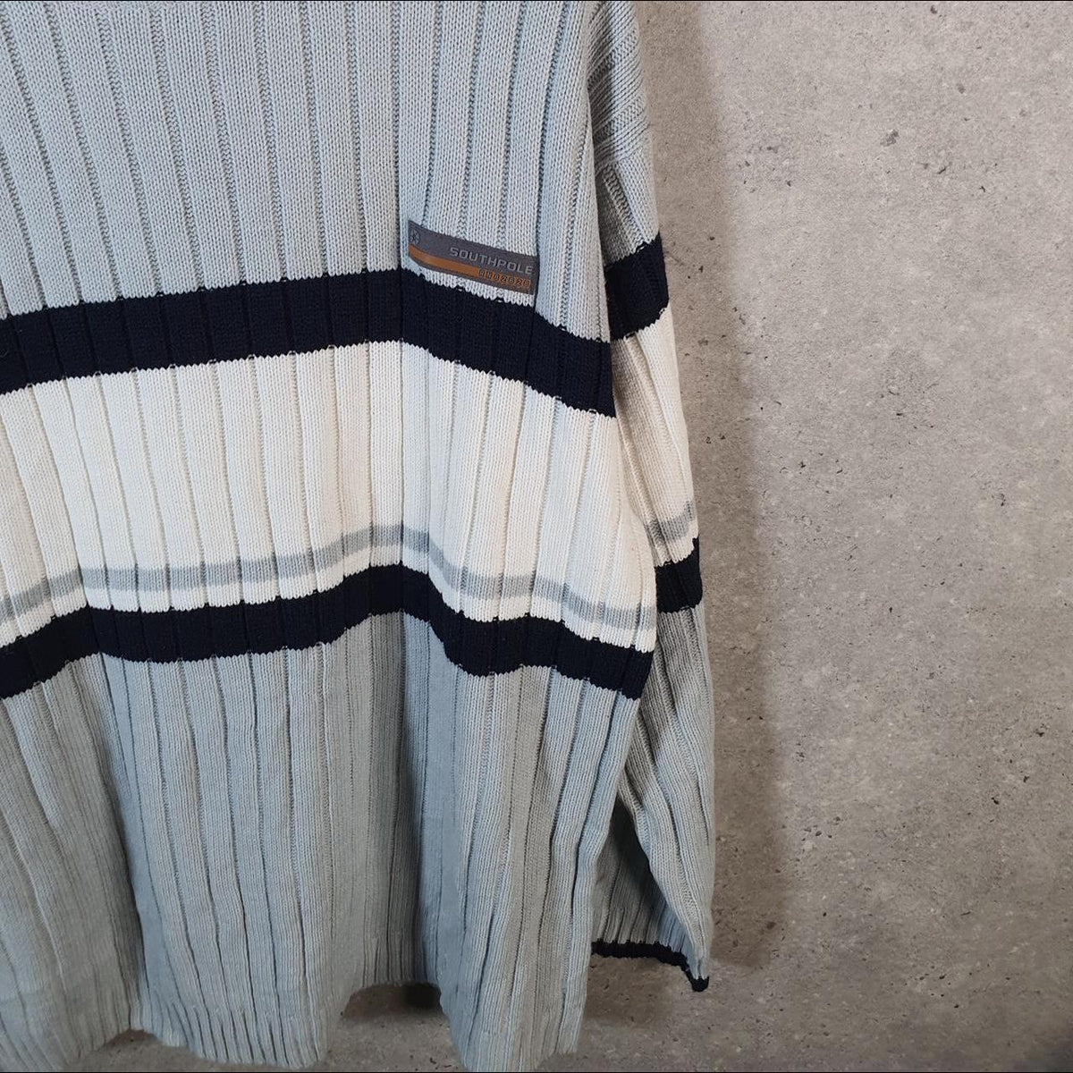 Vintage SouthPole Y2K Spellout Knit Sweater Jumper Mens Large Grey Striped Pullover Hip Hop