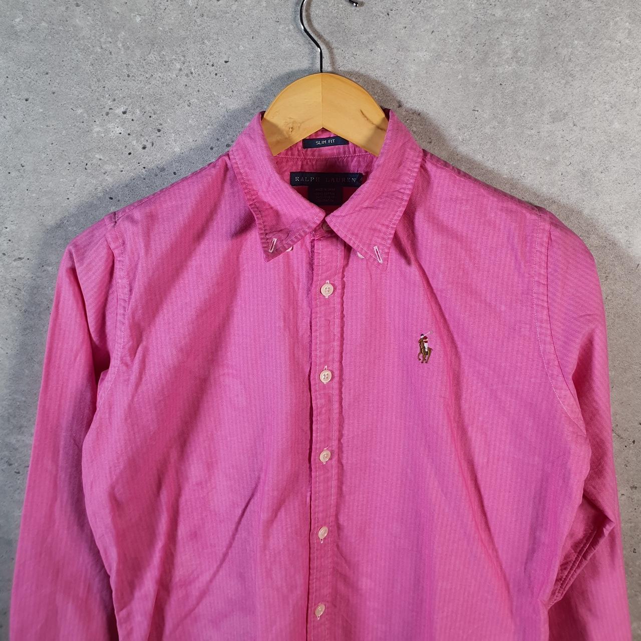 Vintage Ralph Lauren Button Down Shirt Womens Medium Pink Striped Slim Pony Casual C8499