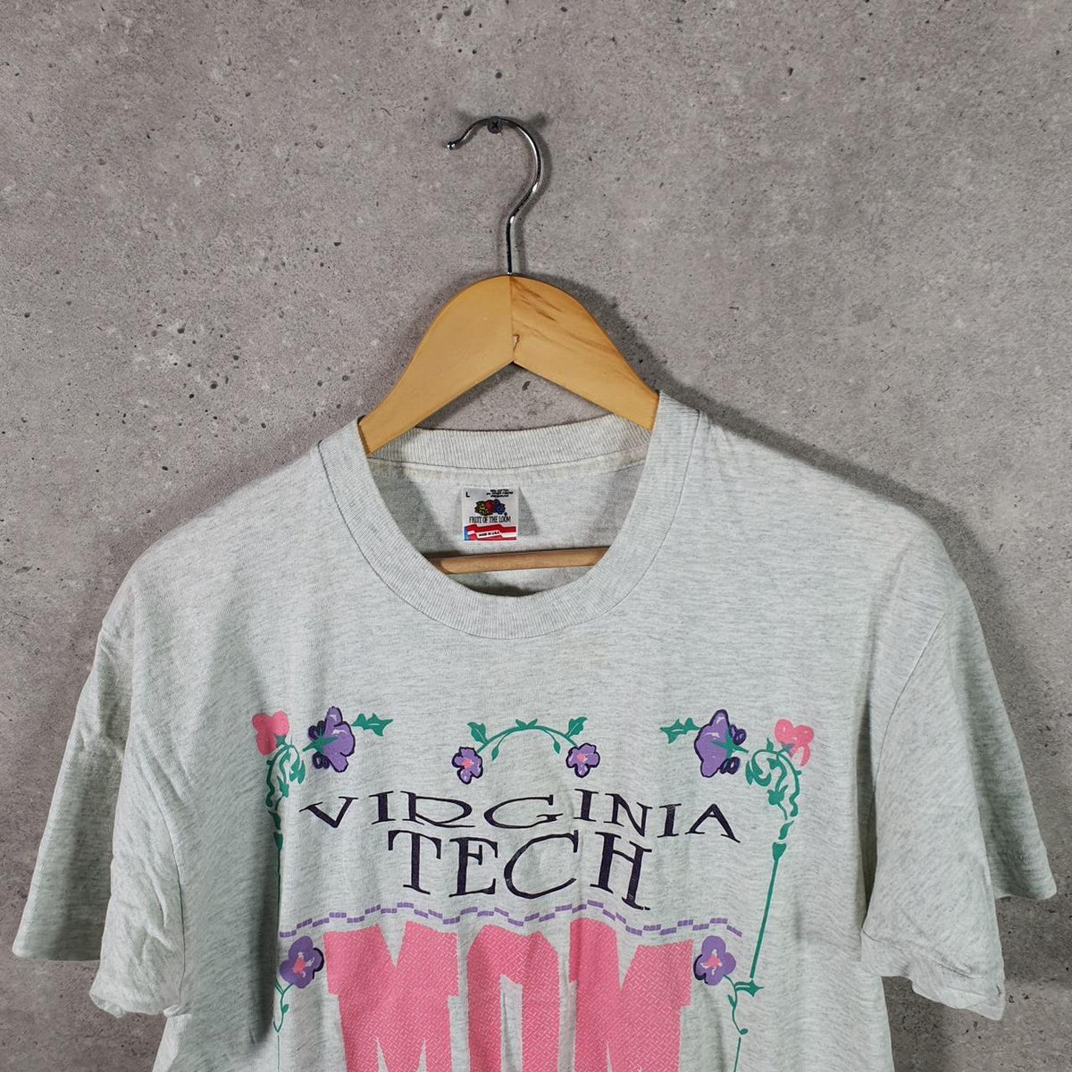 Vintage Fruit of the Loom Virginia Tech Mom Single Stitch T Shirt Men’s Large Grey Big Fish Vintage