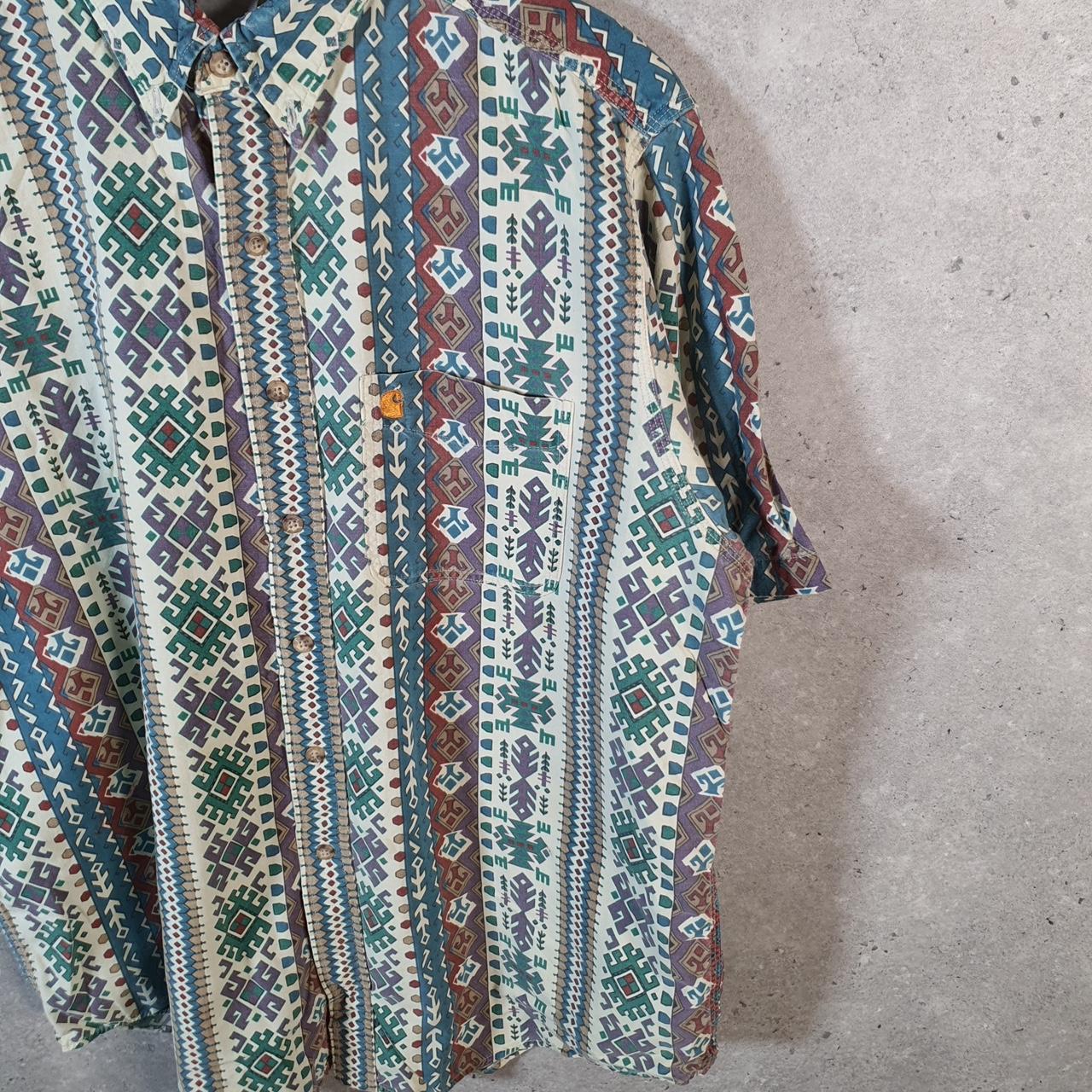 Vintage Carhartt Aztec Shirt Button Down Mens XL  Striped Short Sleeve Utility Relaxed Fit