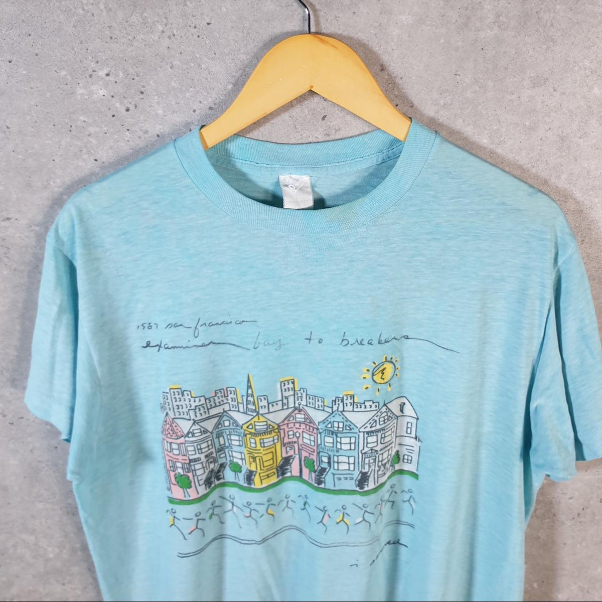 Vintage Village Houses Graphic USA 90s Single Stitch T Shirt Men’s Medium Blue C8945