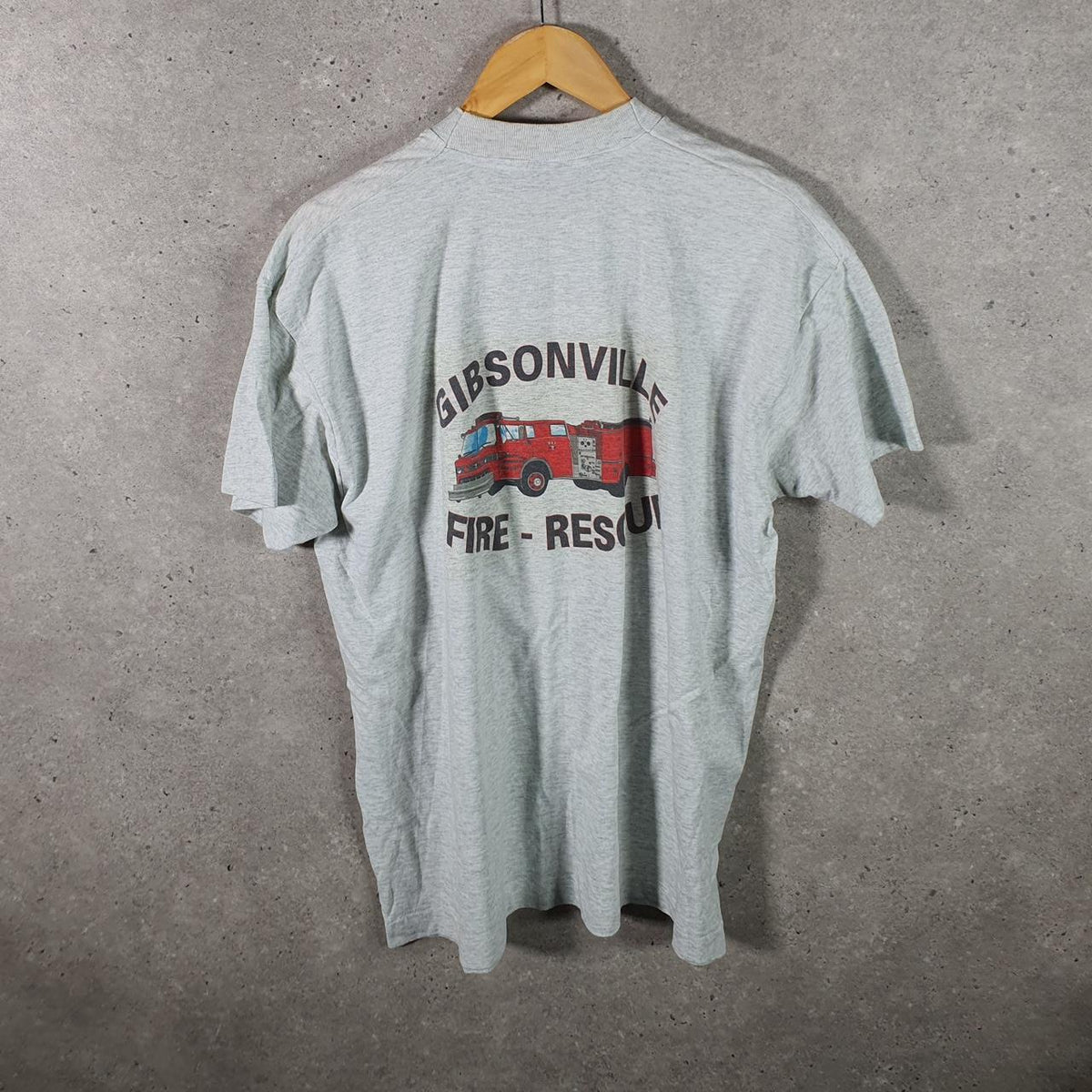 Vintage Fruit of the Loom Best Gibsonville Fire Single Stitch T Shirt Men’s XL Grey Big Fish Vintage