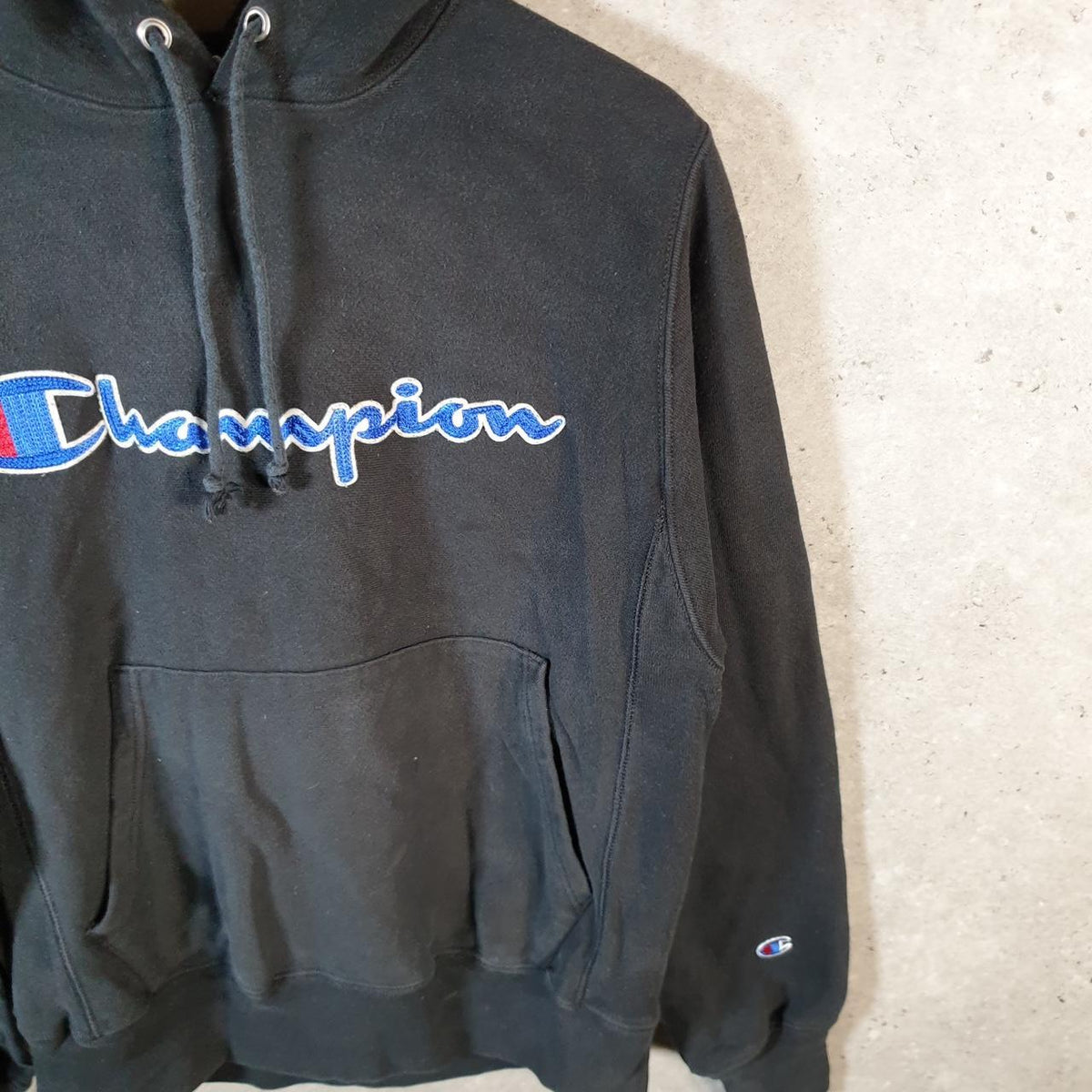 Vintage Champion Reverse Weave Hoodie Men’s Small Black Pro Sport Pullover Spellout Logo