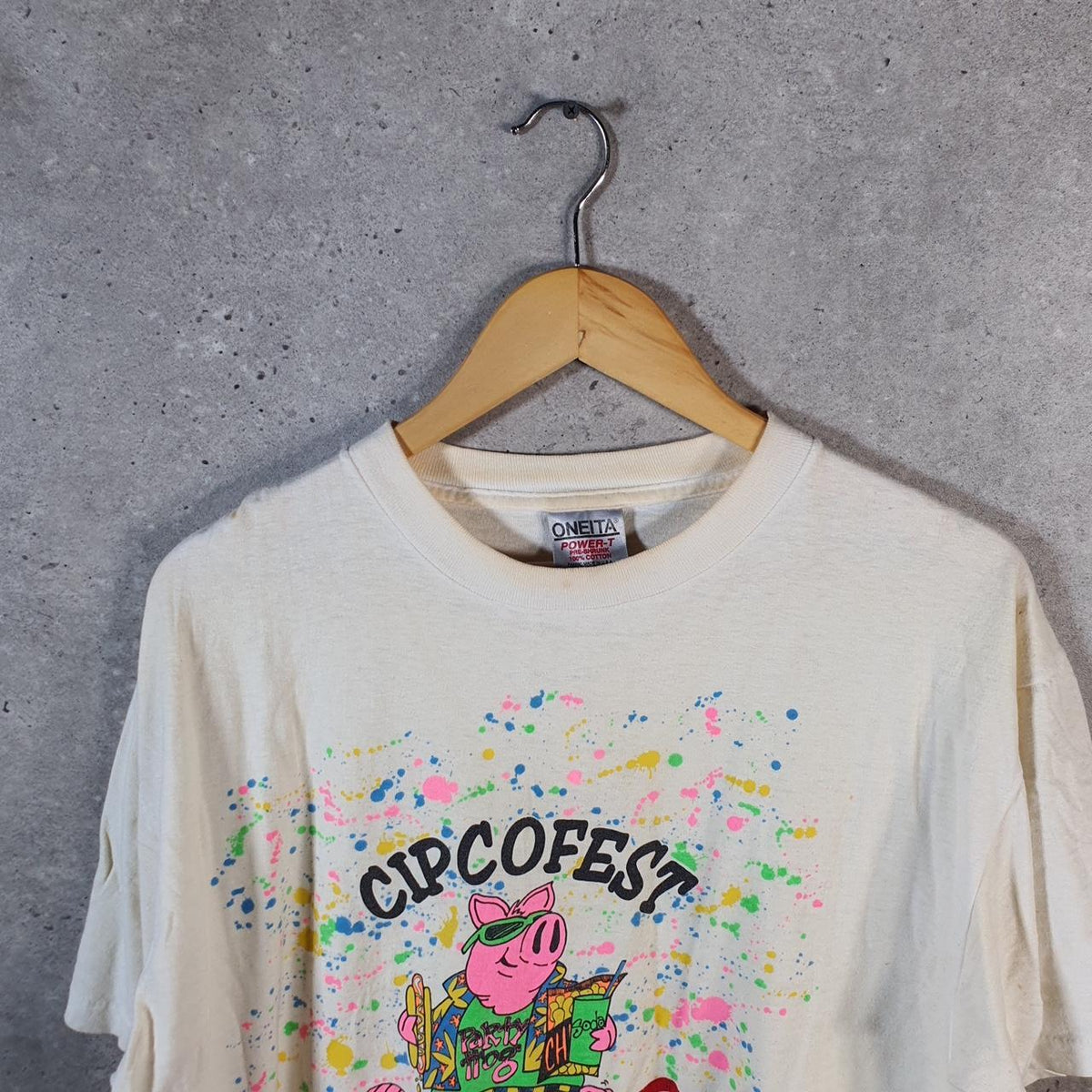 Vintage Oneita Power Cipcofest Pig T Single Stitch T Shirt Men’s XL White Big Fish Vintage