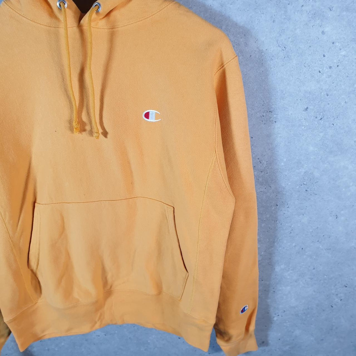 Vintage Champion Reverse Weave Hoodie Men’s Small Yellow Pullover Spellout Logo