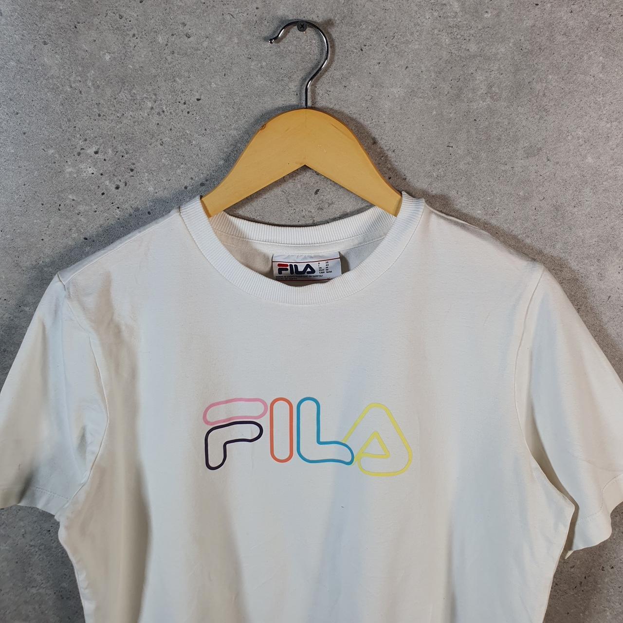 Vintage Fila Spellout Logo Cropped T Shirt Womens Medium White Athletic C9826