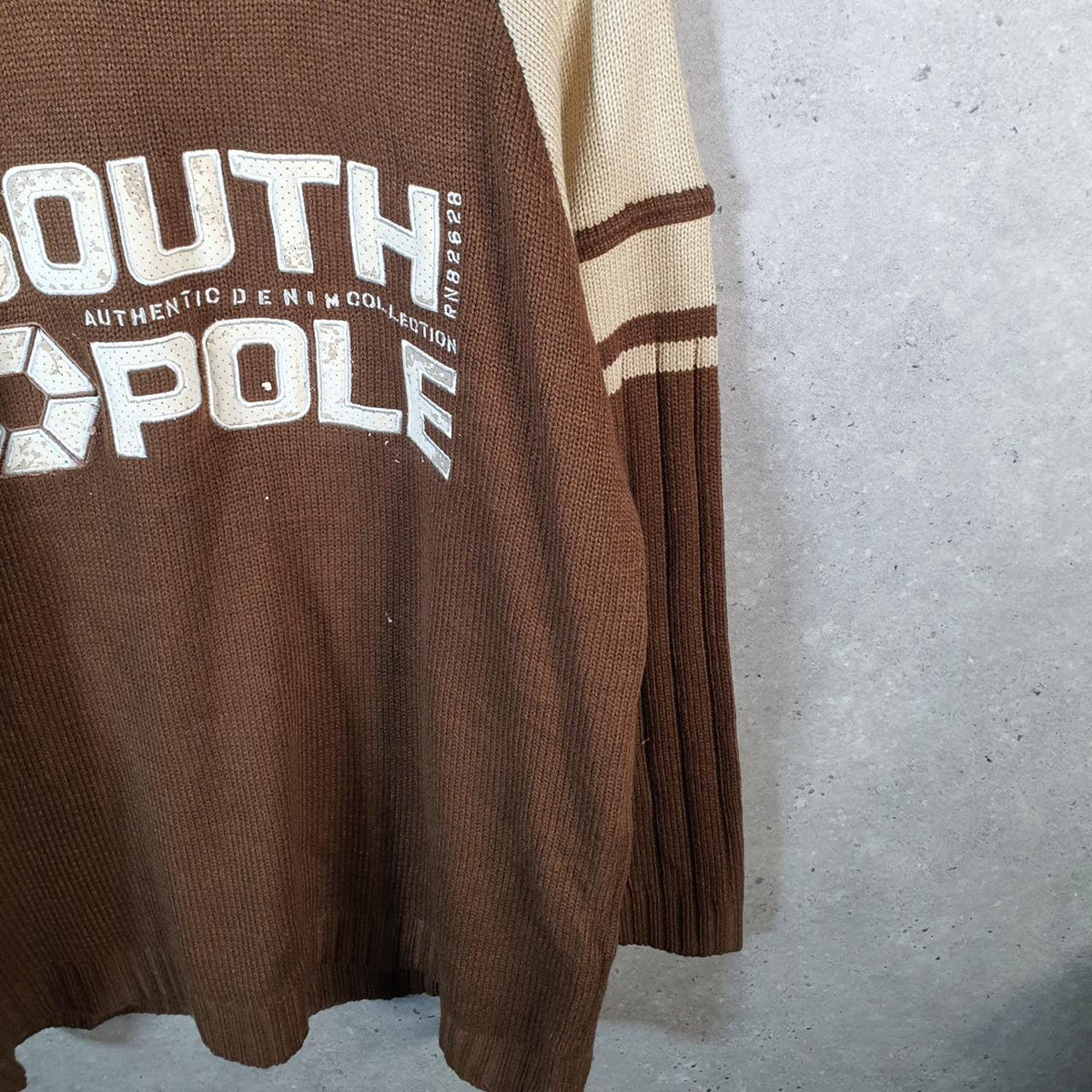 Vintage SouthPole Y2K Spellout Knit Sweater Jumper Mens Large Brown Pullover Hip Hop