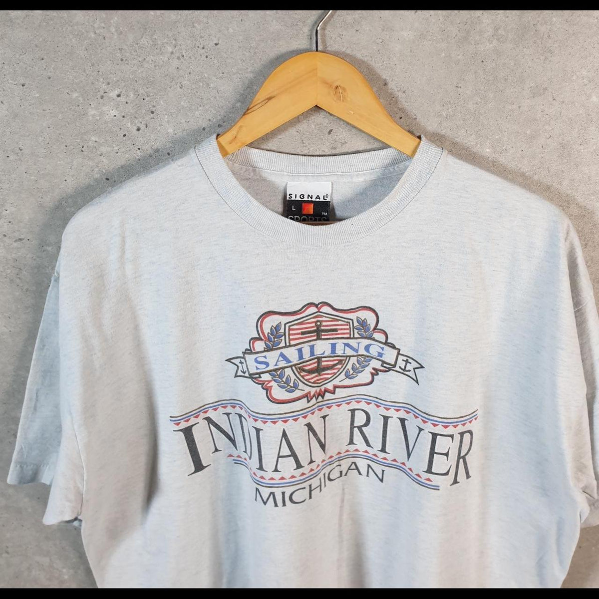 Vintage Signal Sailing Indian River Michigan 90s USA Single Stitch T Shirt Men’s Large Grey C7841