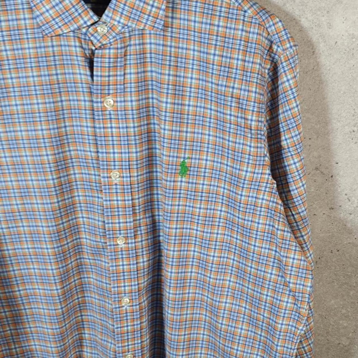 Vintage Ralph Lauren Button Down Shirt Mens Large Blue Checkered Stretch Fit Cotton Pony