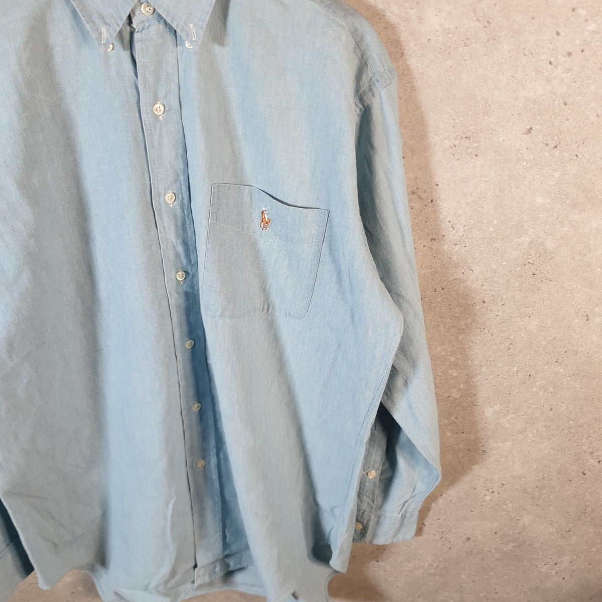 Vintage Ralph Lauren Button Down Shirt Men’s Small Blue Big Shirt Short Sleeve Pony