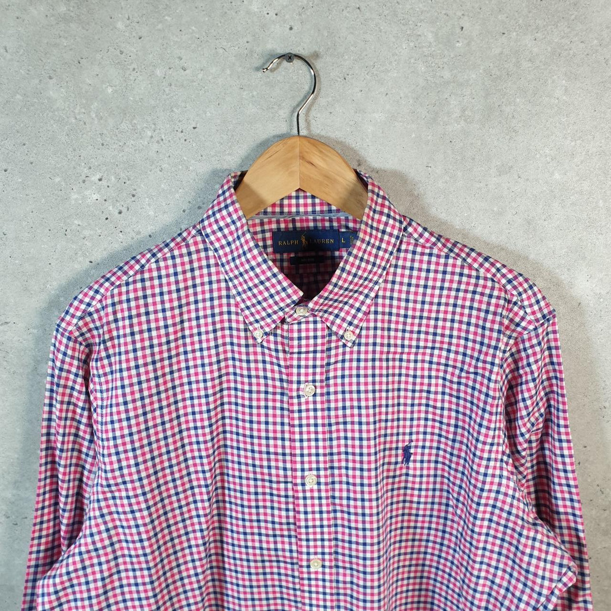 Vintage Ralph Lauren Button Down Shirt Men’s Large Pink Checkered Classic Fit Cotton Pony Big Fish Vintage