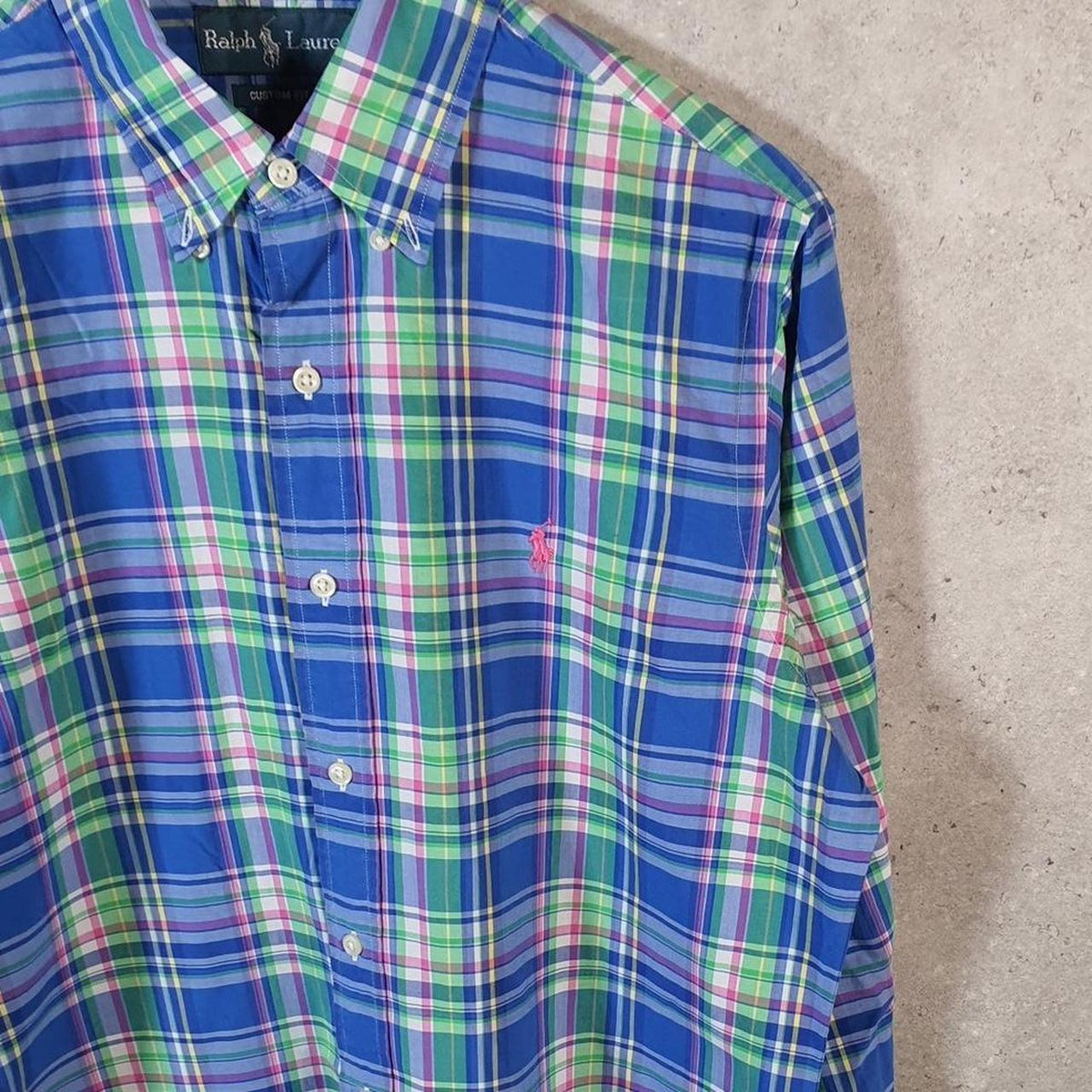 Vintage Ralph Lauren Button Down Shirt Mens Medium Blue Checkered Custom Fit Pony