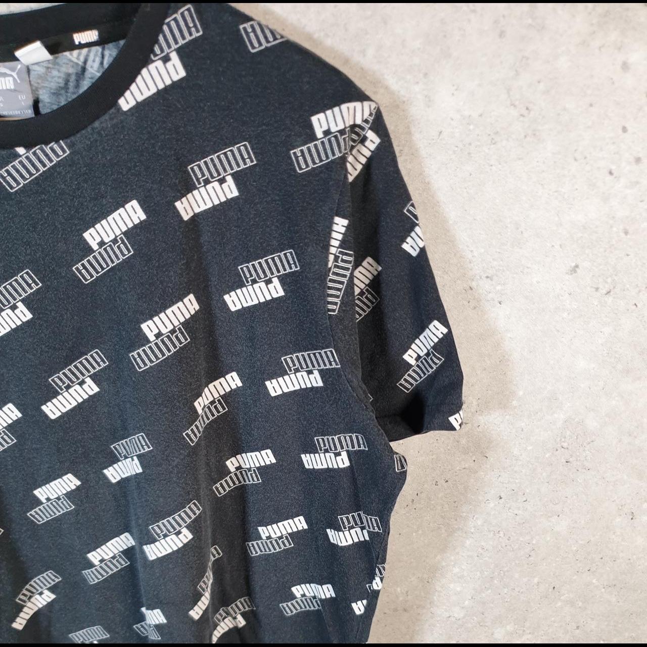 Vintage Puma All Over Print AOP T Shirt Mens Large Black Sports Logo Athletic