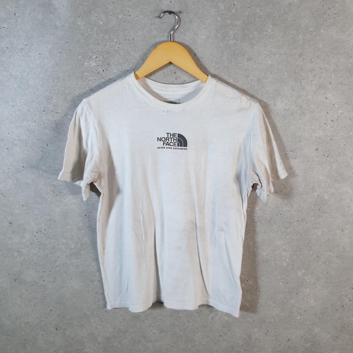 Vintage The North Face TNF Graphic Spellout T Shirt Boys Large White Logo Athletic