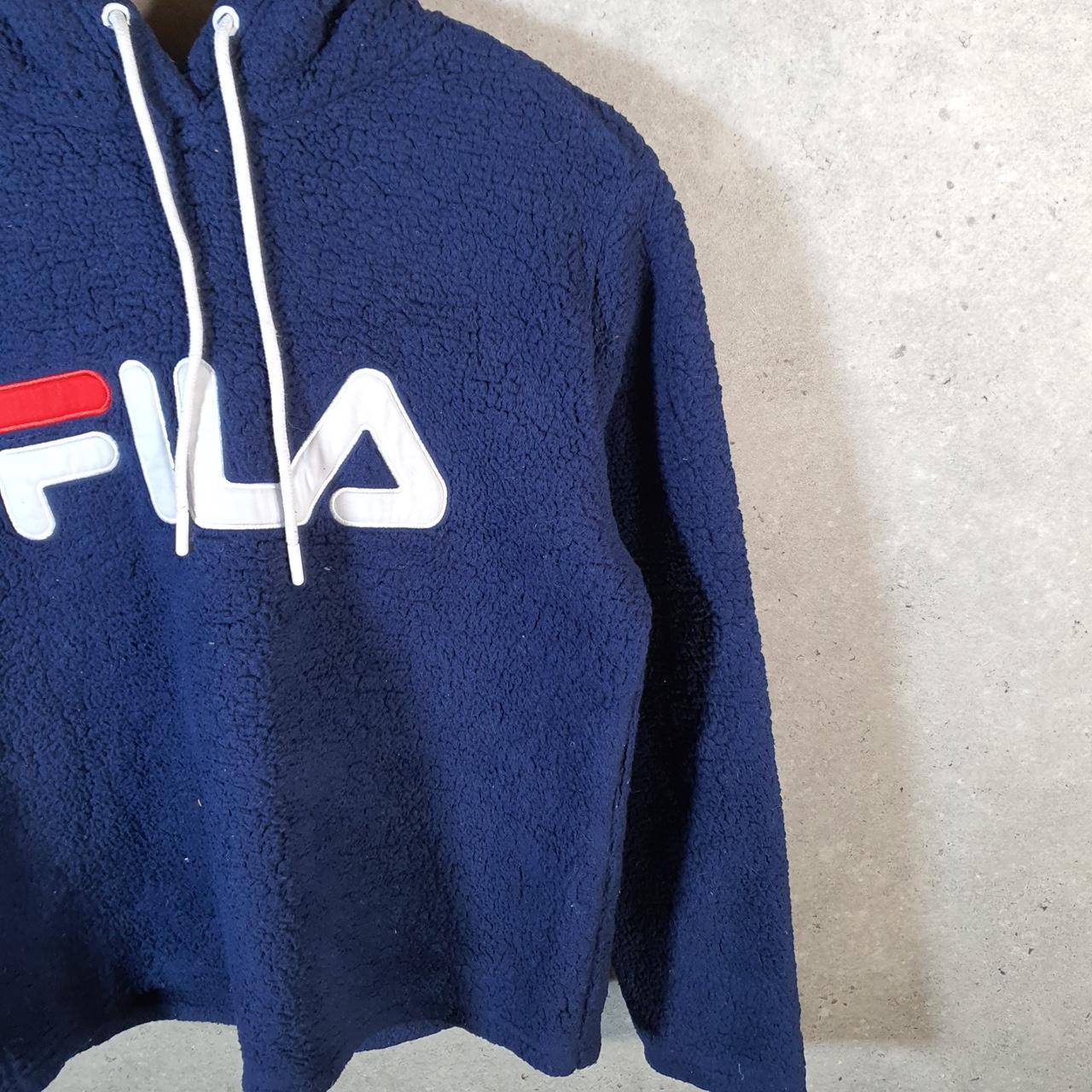 Vintage Fila Pullover Fleece Hoodie Womens Medium Navy Blue Teddy Logo
