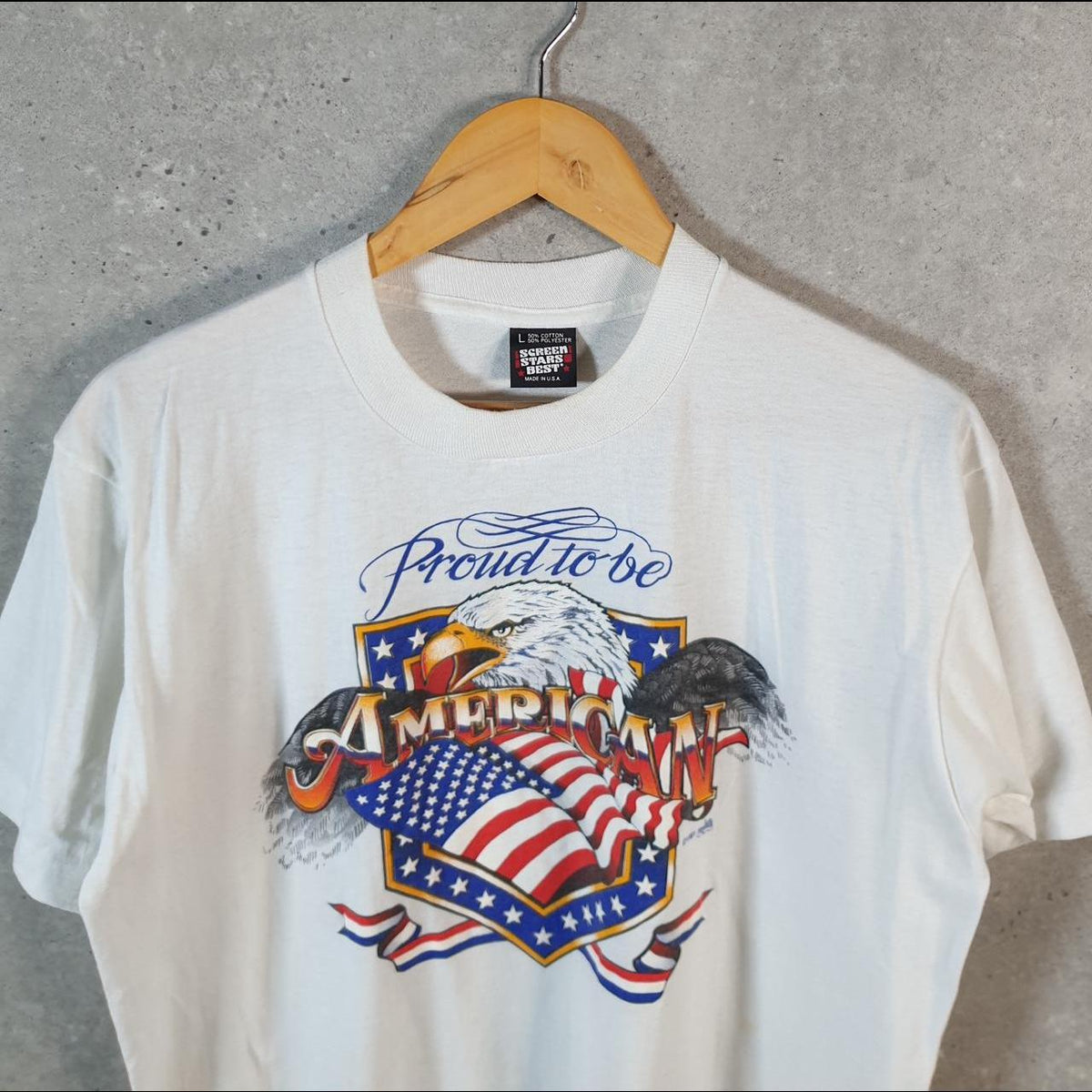 Vintage Screen Stars Proud To Be American 90s USA Single Stitch T Shirt Men’s Large White C8039