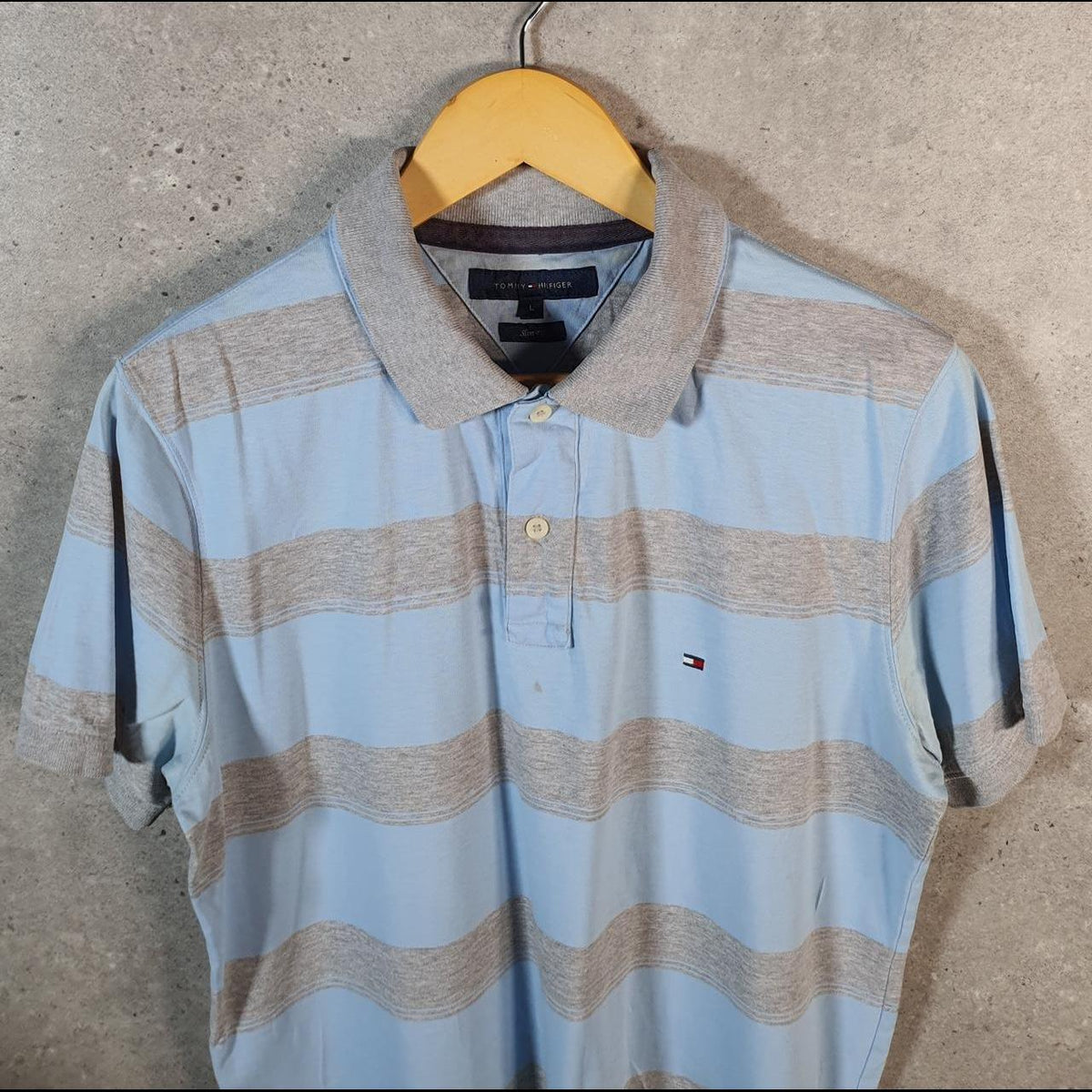Vintage Tommy Hilfiger Polo Shirt Men’s Large Blue Striped Slim Fit Embroidered Logo C9805