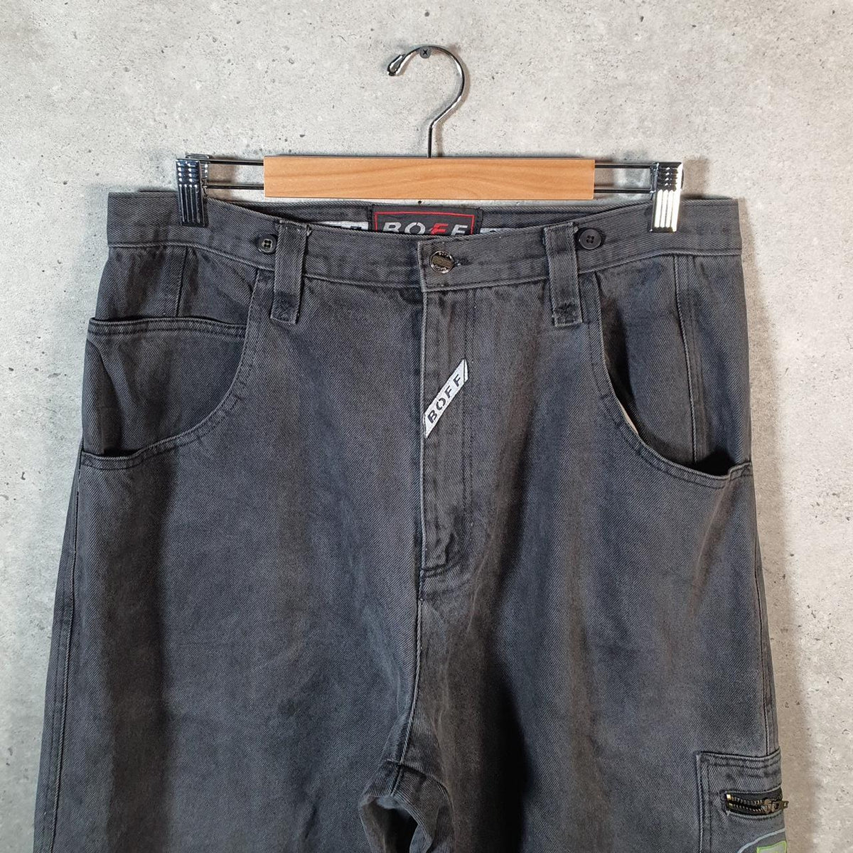 Vintage Boff Boff Baggy Y2K Hip Hop Jeans Mens W38 Grey Embroidered Denim Wide Leg Big Fish Vintage