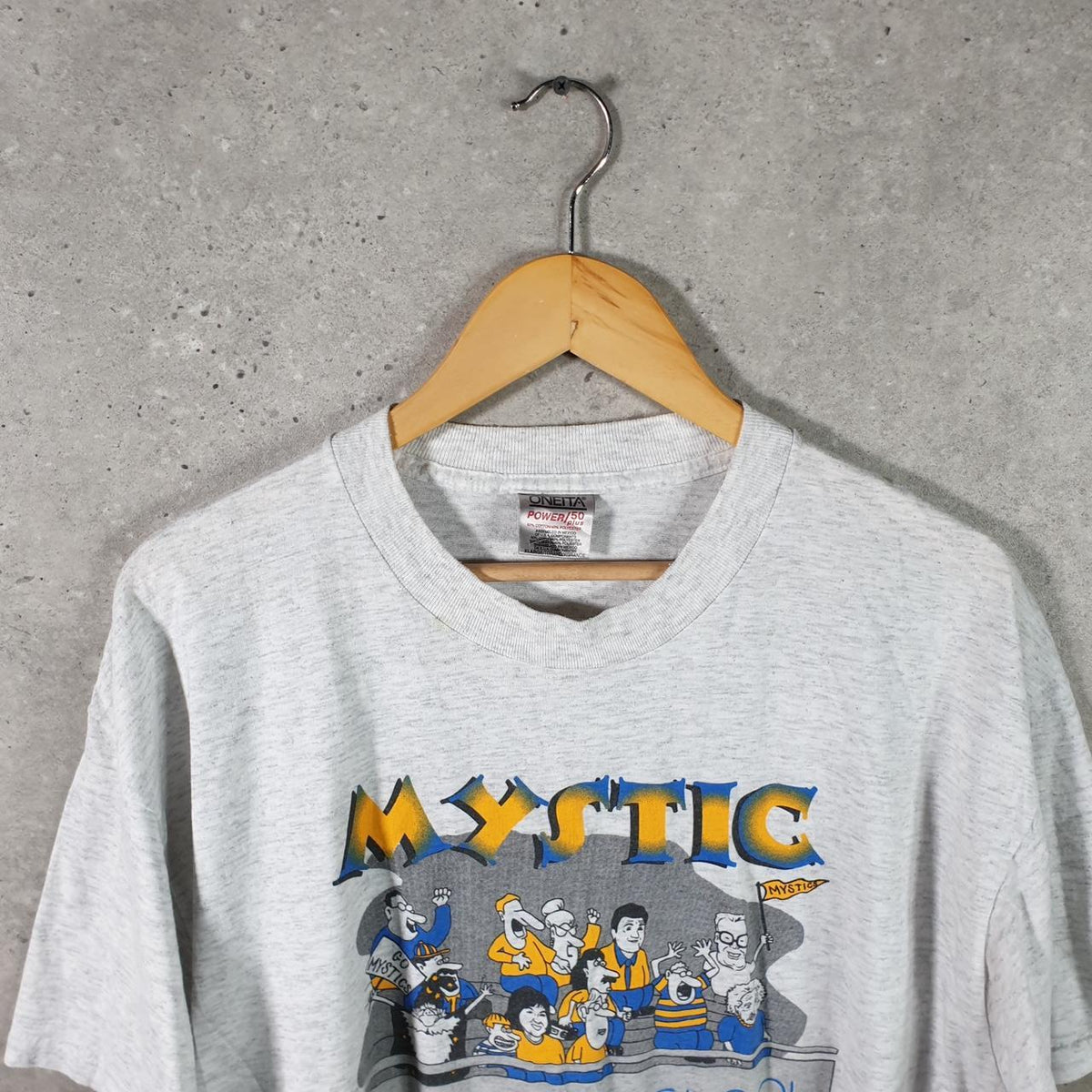 Vintage Oneita Power Mystic Pride School T Single Stitch T Shirt Men’s XL Grey Big Fish Vintage