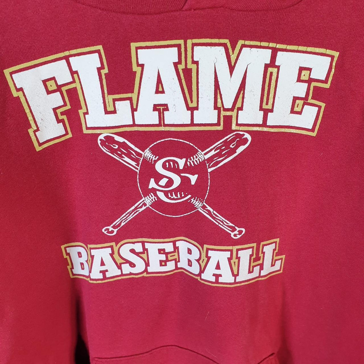 Vintage Russell Athletic Flame Baseball Hoodie Men’s Large Red Pullover Baggy