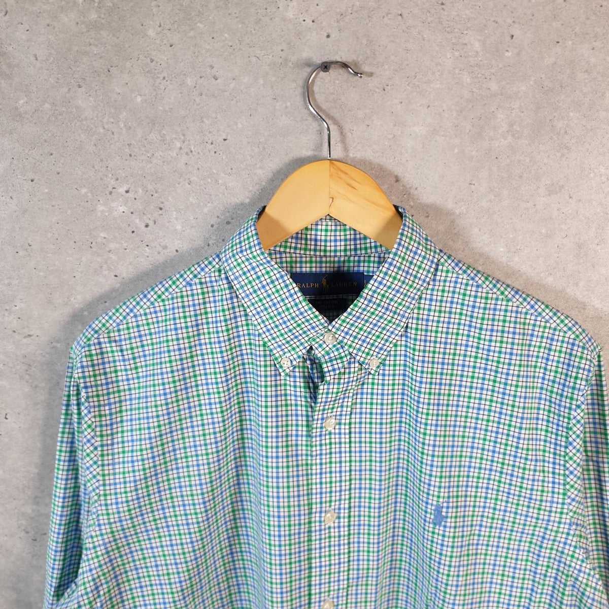 Vintage Ralph Lauren Button Down Shirt Men’s Large Green Checkered Stretch Fit Pony Cotton Big Fish Vintage