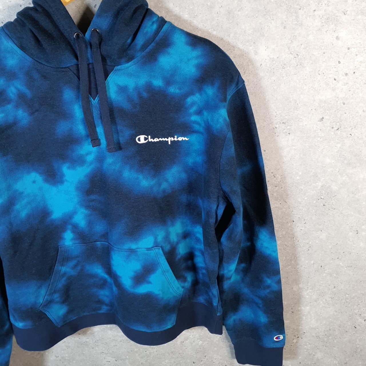 Vintage Champion Hoodie Womens Large Blue Tie Dye USA Pullover Spellout Logo
