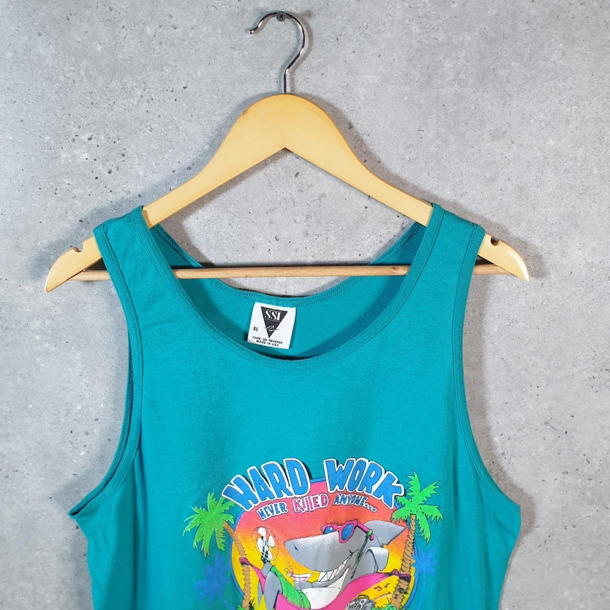 Vintage SSI Hard Work Never Killed Anyone 90s Graphic USA Single Stitch Vest Men’s XL Blue