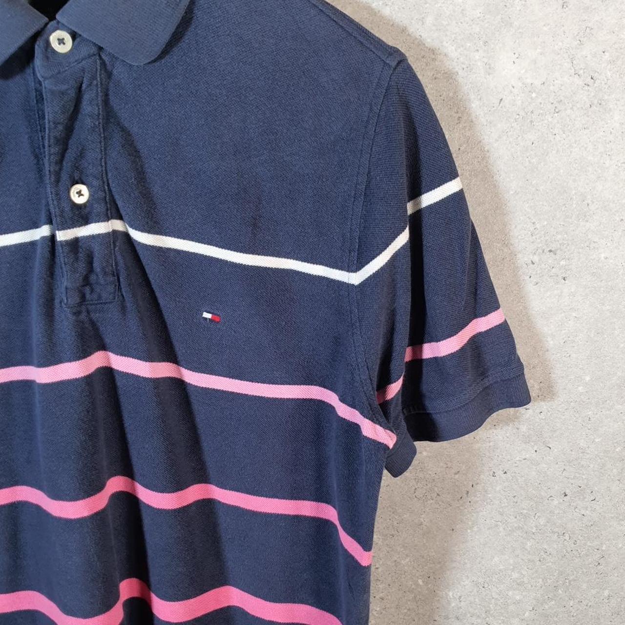 Vintage Tommy Hilfiger Polo Shirt Men’s Medium Navy Blue Striped Custom Fit Embroidered Logo