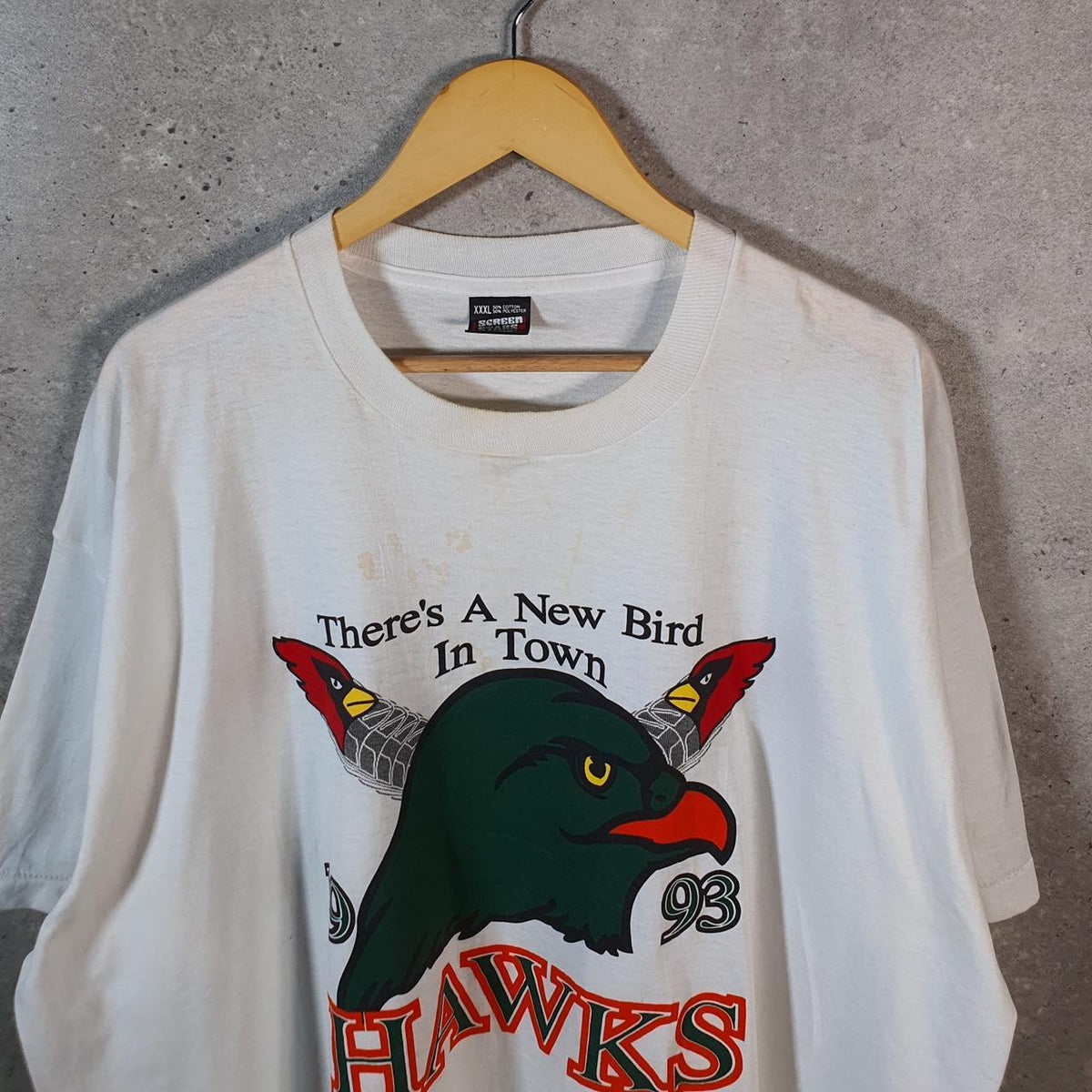 Vintage Screen Stars 1993 Hawks New Birds USA Single Stitch T Shirt Men’s 2XL White C9654