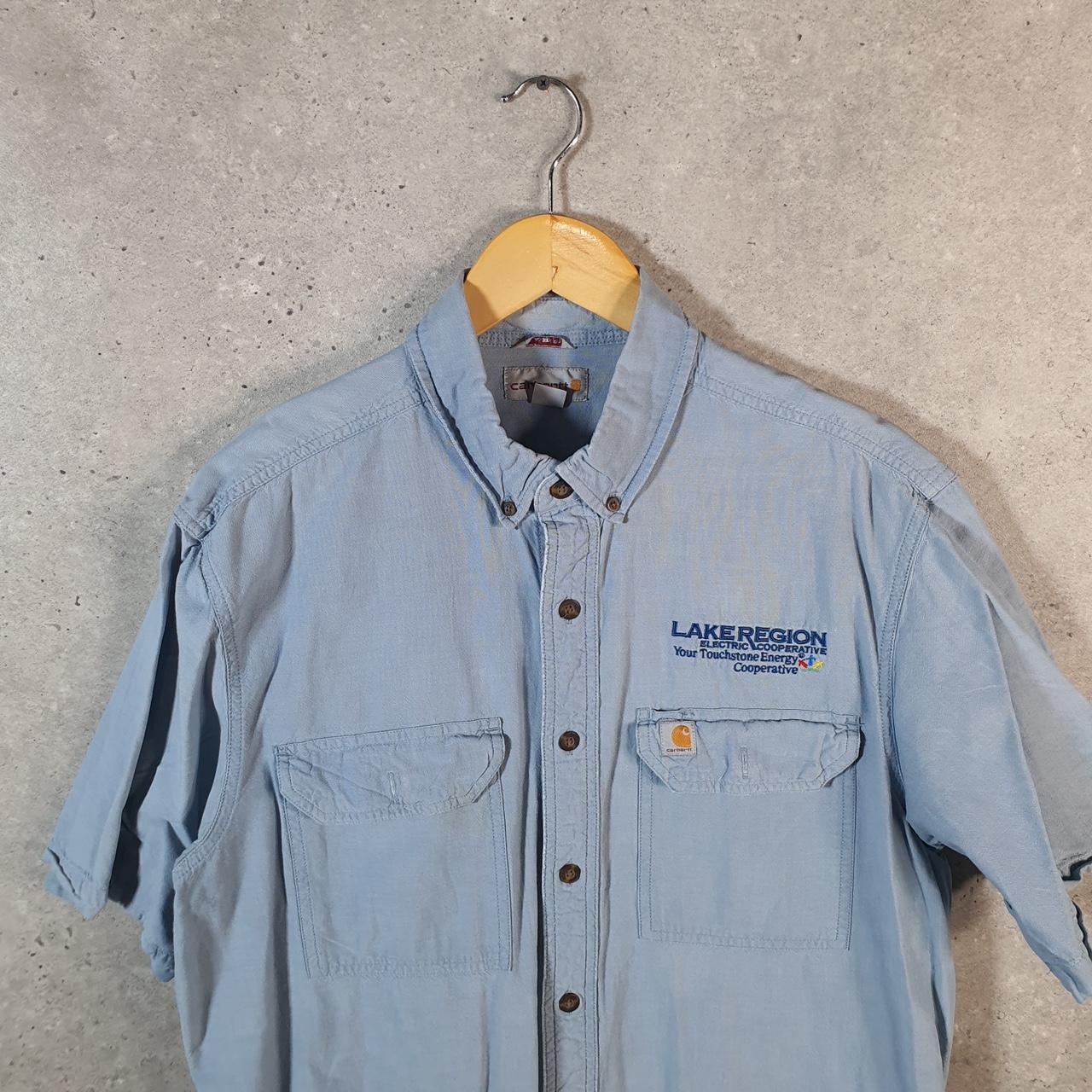 Vintage Carhartt Shirt Button Down Mens Large Blue Short Sleeve Chore Utility Relaxed - Big Fish Vintage