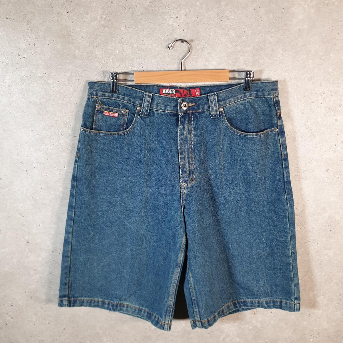 Vintage Viper Jeans Baggy Y2K Hip Hop Jeans Shorts Jorts Mens W36 Blue Denim USA Big Fish Vintage