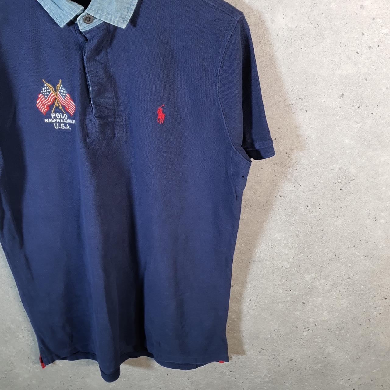 Vintage Ralph Lauren Polo USA Flags Shirt Men’s Medium Navy Blue Golf Cotton Pony